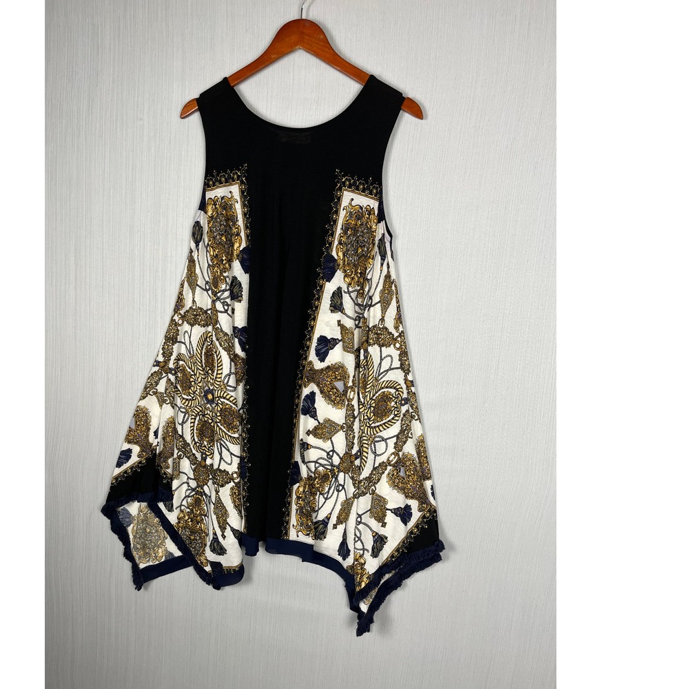 Bou Jeloud Tunic Women M Black Scarf Print‎ Lace Up Back Boho Handkerchief Hem